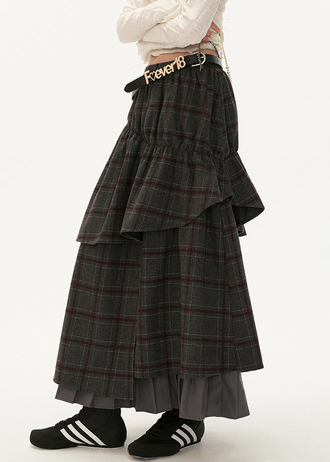 Fashion Grey Plaid False Two Pieces Patchwork Cotton Skirts Fall