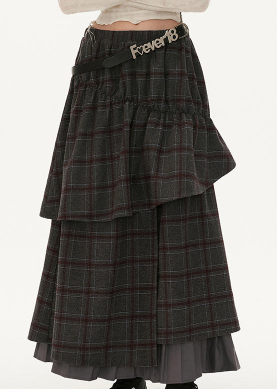 Fashion Grey Plaid False Two Pieces Patchwork Cotton Skirts Spring