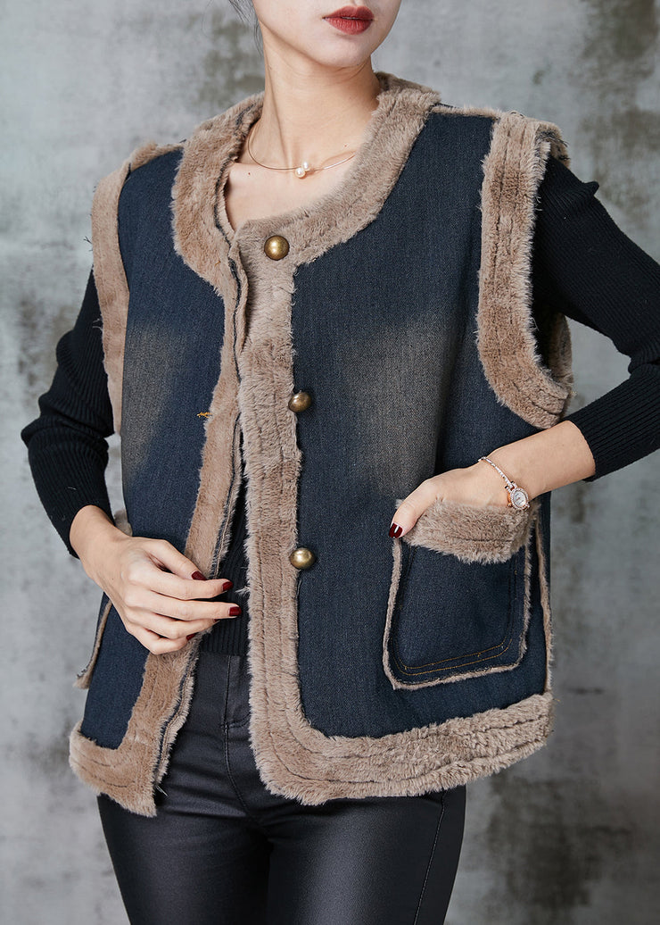 Fashion Grey Pockets Patchwork Warm Fleece Denim Vests Spring