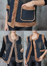 Fashion Grey Pockets Patchwork Warm Fleece Denim Vests Spring