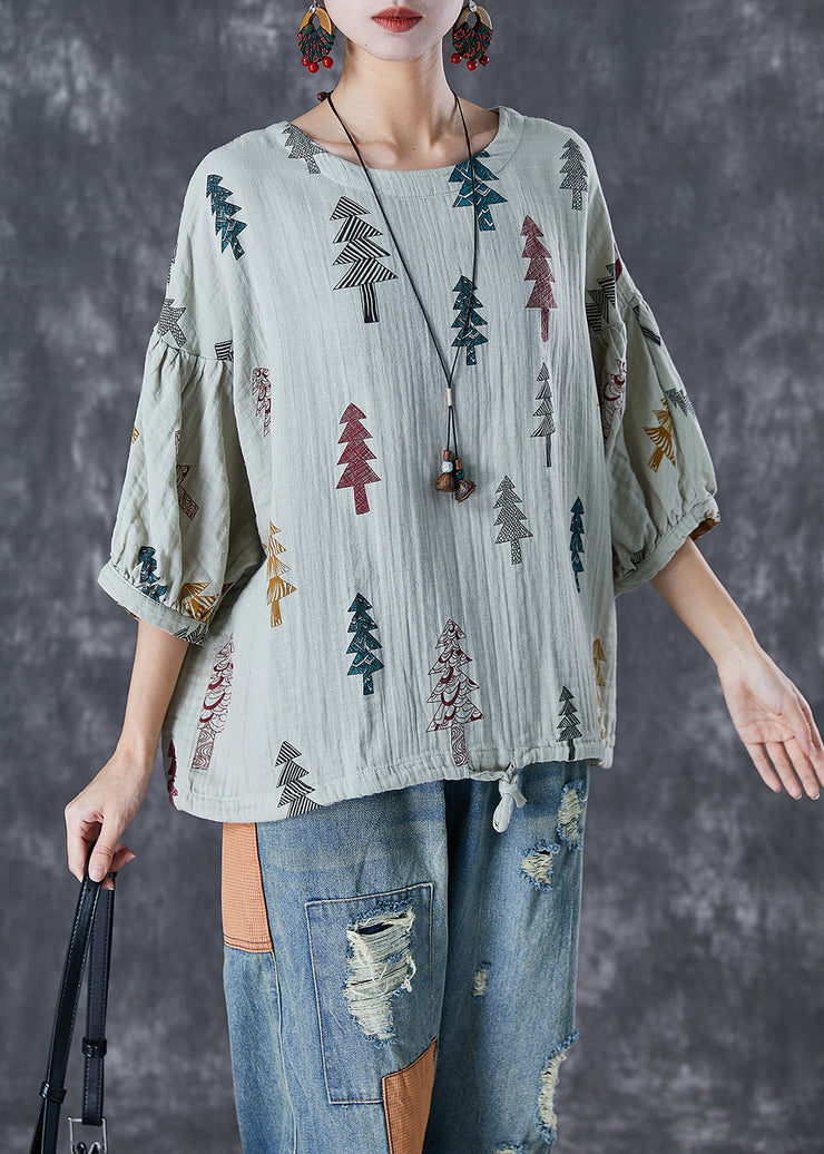 Fashion Grey Print Drawstring Cotton Top Lantern Sleeve