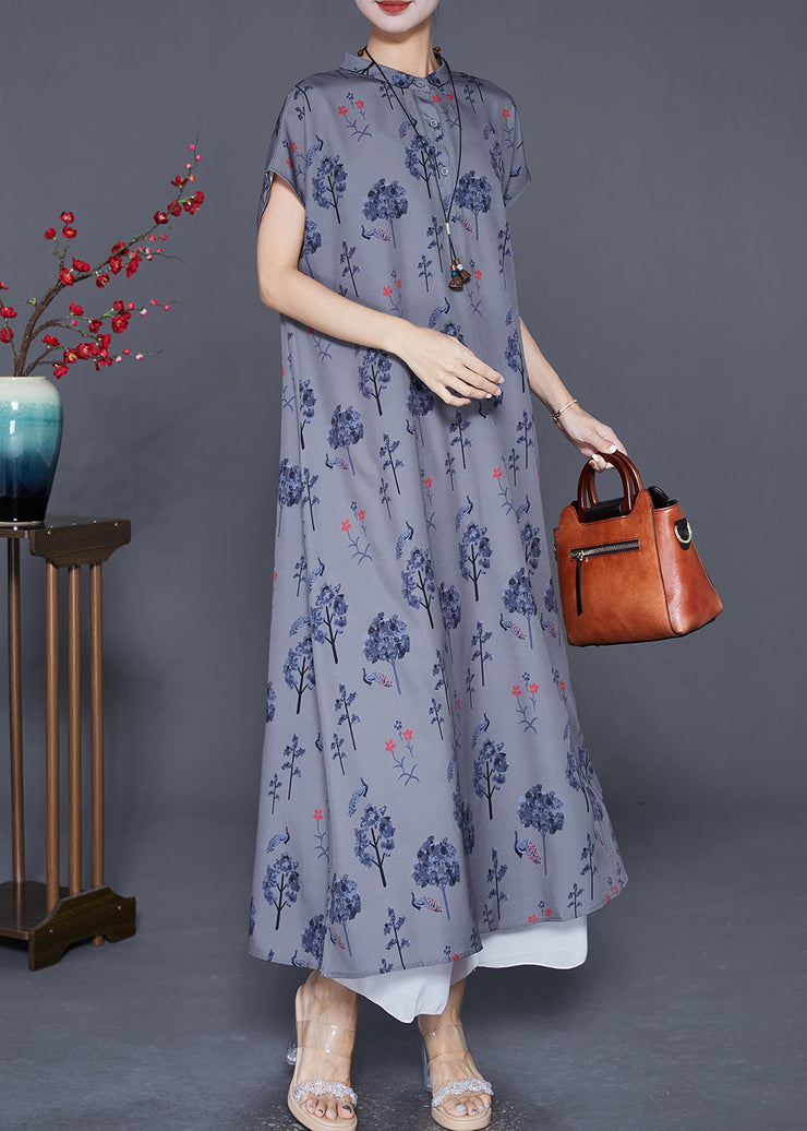 Fashion Grey Stand Collar Print Chiffon Maxi Dress Summer