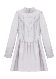 Fashion Grey Stand Collar Tasseled Embroideried Patchwork Silk Dress Spring