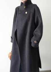 Fashion Grey Stand Collar Tie Waist Woolen Trench Winter