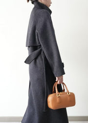 Fashion Grey Stand Collar Tie Waist Woolen Trench Winter