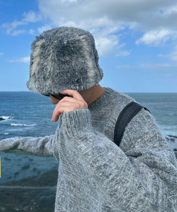 Fashion Grey Thick Warm Men Faux Fur Bucket Hat