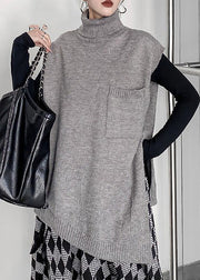 Fashion Grey Turtleneck Asymmetrical Thick Knit Waistcoat Spring