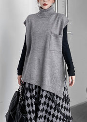 Fashion Grey Turtleneck Asymmetrical Thick Knit Waistcoat Spring