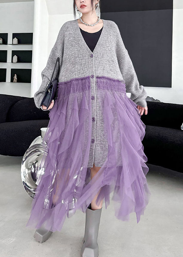 Fashion Grey V Neck Tulle Patchwork Knit Cardigans Fall