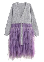 Fashion Grey V Neck Tulle Patchwork Knit Cardigans Fall