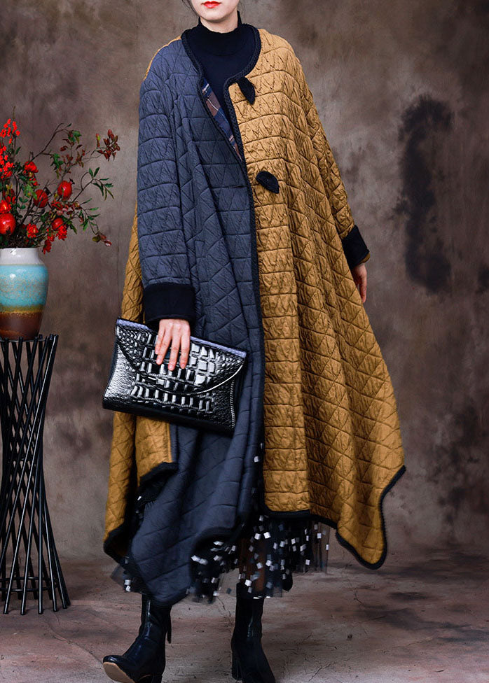 Fashion Grey Yellow Asymmetrical Pockets Patchwork Fine Cotton Filled Witner Coats Winter