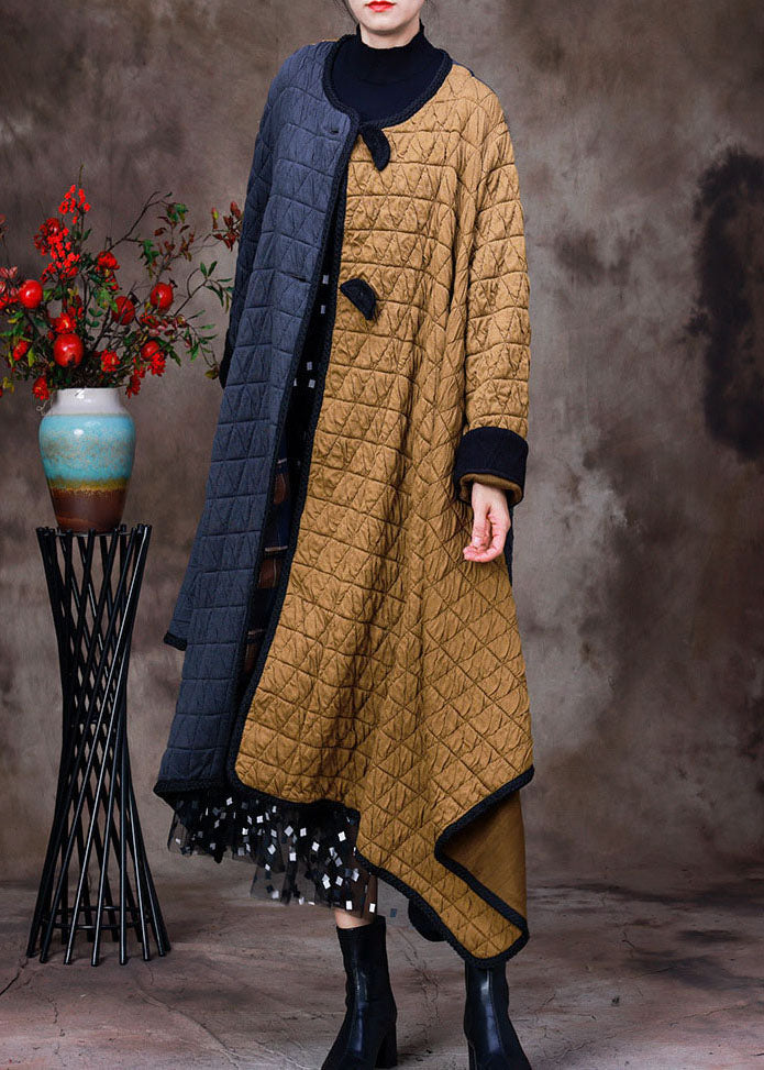 Fashion Grey Yellow Asymmetrical Pockets Patchwork Fine Cotton Filled Witner Coats Winter