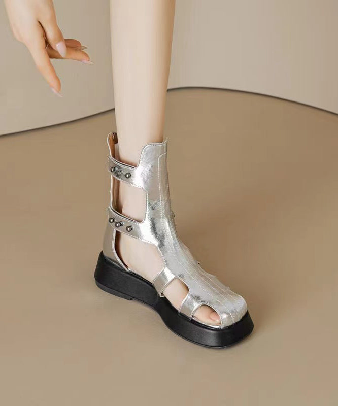 Fashion Hollow Out Platform Sandals Boots Black Cowhide Leather
