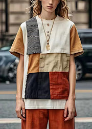 Fashion Khaki Asymmetrical Patchwork Linen Tanks Summer