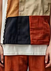 Fashion Khaki Asymmetrical Patchwork Linen Tanks Summer