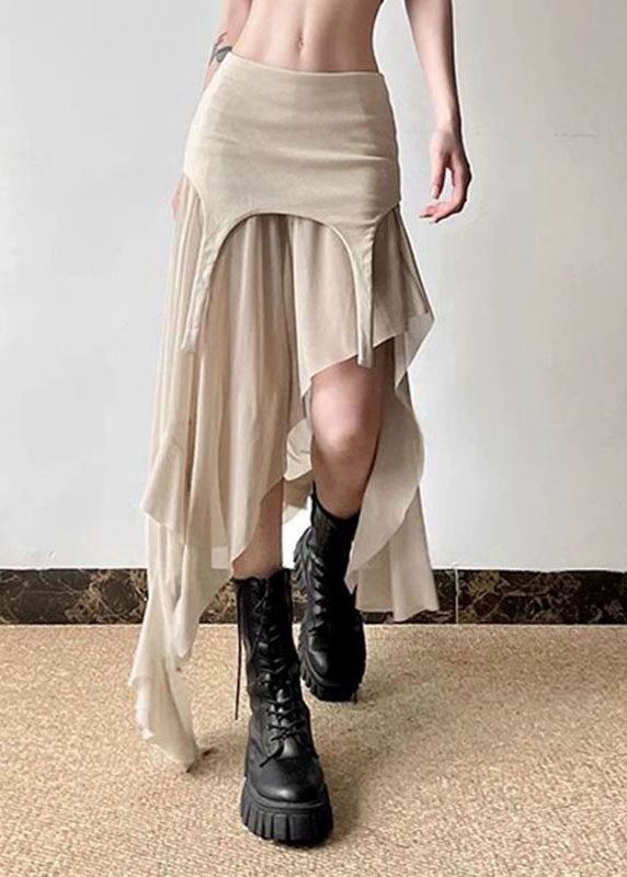 Fashion Khaki Asymmetrical Tulle Patchwork High Waist Maxi Skirts
