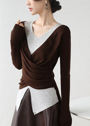 Fashion Khaki Cross Patchwork False Two Pieces Knit Top Winter