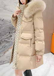 Fashion Khaki Fur Collar Hooded Drawstring Duck Down Coats Winter