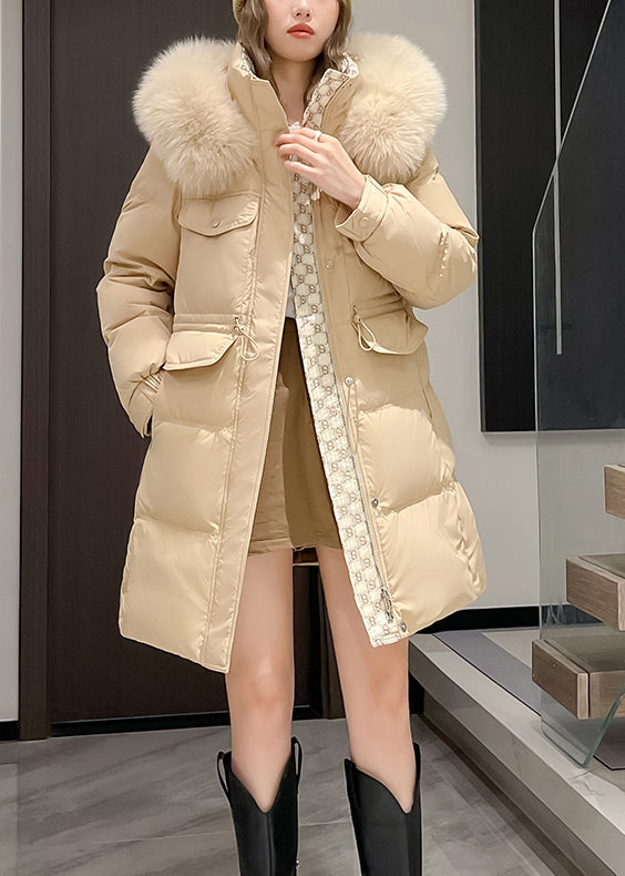 Fashion Khaki Fur Collar Hooded Drawstring Duck Down Coats Winter