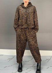 Fashion Khaki Leopard Warm Fleece Hooded Coats And Harem Pants Two Pieces Set Winter