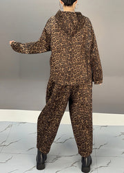 Fashion Khaki Leopard Warm Fleece Hooded Coats And Harem Pants Two Pieces Set Winter