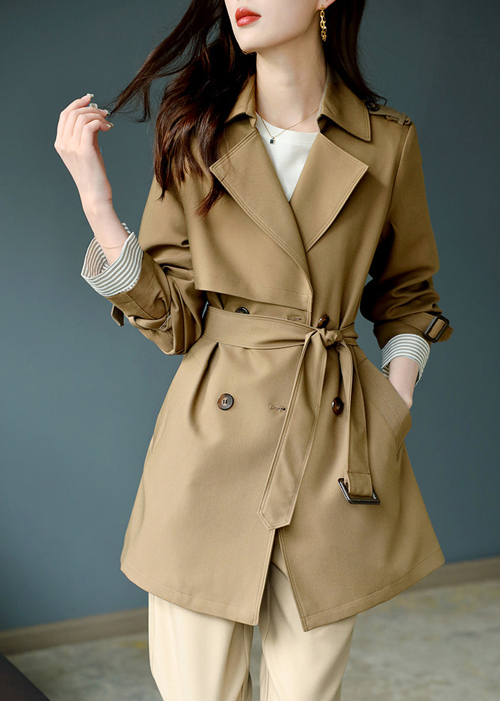 Fashion Khaki Notched Button Trench Coat Long Sleeve