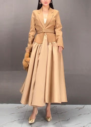 Fashion Khaki Notched Patchwork Sashes Long Trench Coats Fall