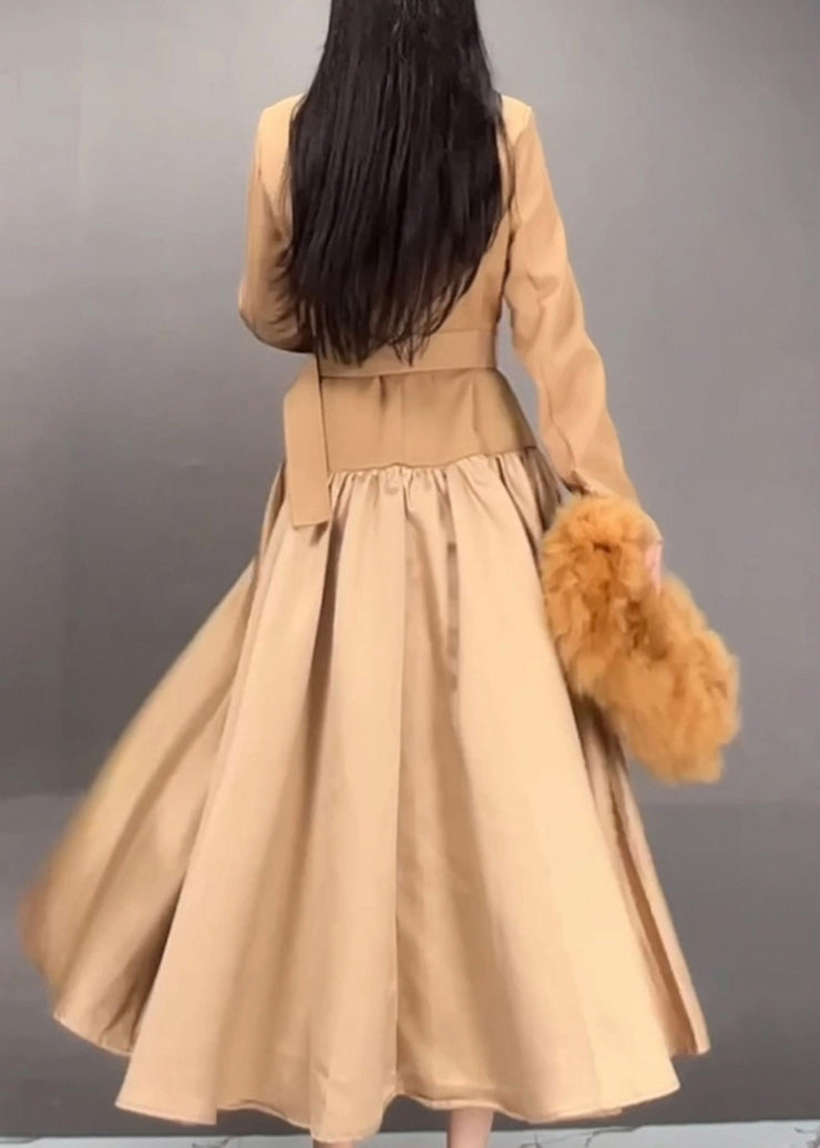 Fashion Khaki Notched Patchwork Sashes Long Trench Coats Fall