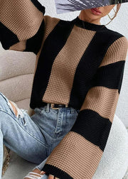 Fashion Khaki O Neck Striped Women Knit Sweaters Fall