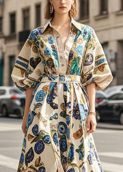 Fashion Khaki Oversized Print Cotton Long Dress Lantern Sleeve