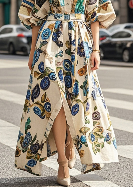 Fashion Khaki Oversized Print Cotton Long Dress Lantern Sleeve