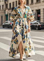 Fashion Khaki Oversized Print Cotton Long Dress Lantern Sleeve