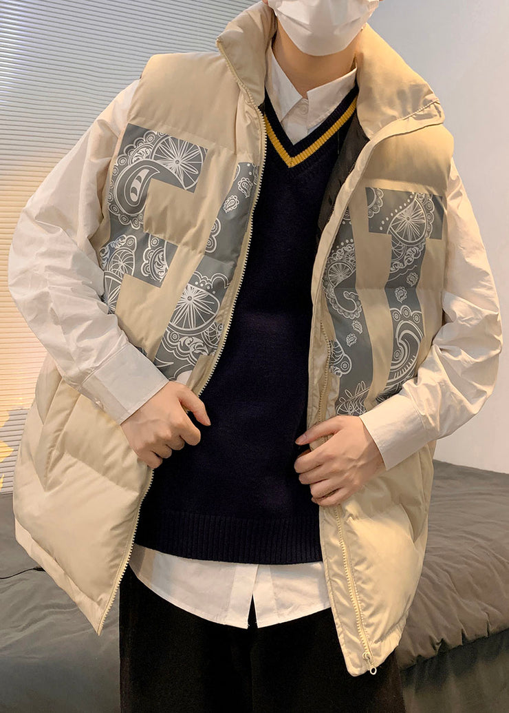 Fashion Khaki Oversized Print Fine Cotton Filled Mens Puffers Vests Winter