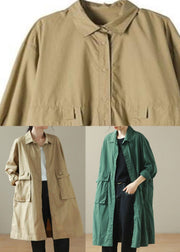 Fashion Khaki Peter Pan Collar Mid Trench Coats Long Sleeve