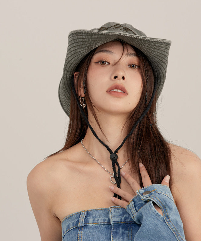 Fashion Khaki Print Patchwork Drawstring Denim Floppy Sun Hat