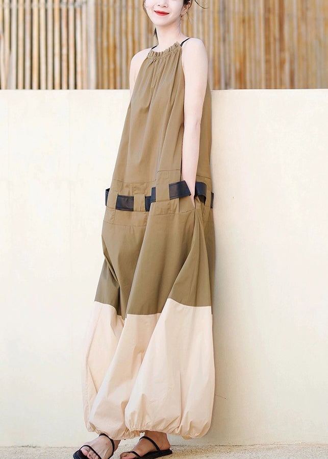 Fashion Khaki Ruffled Pockets Patchwork Cotton Long Dresses Sleeveless