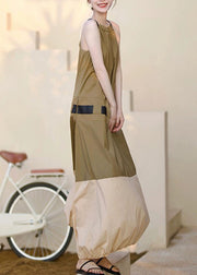 Fashion Khaki Ruffled Pockets Patchwork Cotton Long Dresses Sleeveless