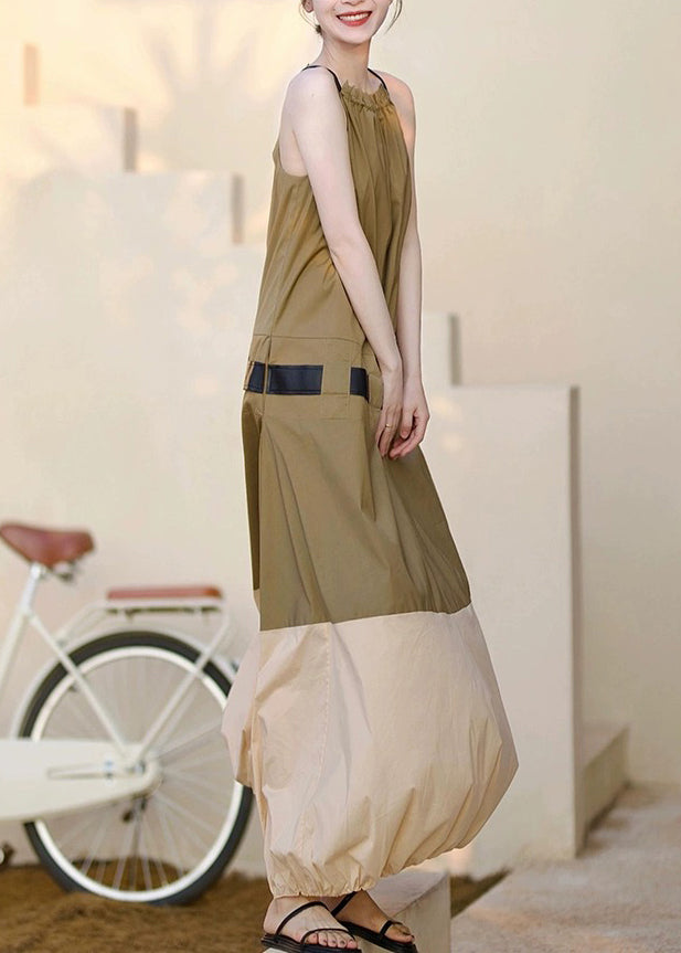 Fashion Khaki Ruffled Pockets Patchwork Cotton Long Dresses Sleeveless