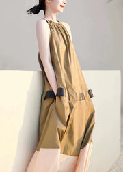 Fashion Khaki Ruffled Pockets Patchwork Cotton Long Dresses Sleeveless