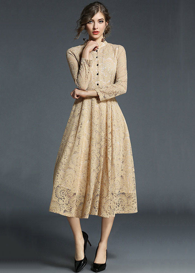 Fashion Khaki Stand Collar Hollow Out Embroidered Lace Dresses Long Sleeve