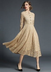 Fashion Khaki Stand Collar Hollow Out Embroideried Lace Dresses Long Sleeve