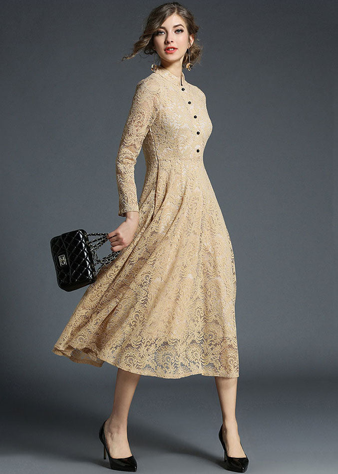 Fashion Khaki Stand Collar Hollow Out Embroideried Lace Dresses Long Sleeve