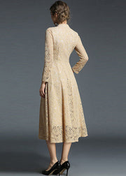 Fashion Khaki Stand Collar Hollow Out Embroidered Lace Dresses Long Sleeve