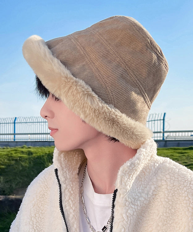 Fashion Khaki Thick Warm Fleece Men Bucket Hat