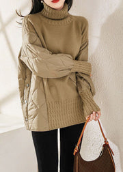 Fashion Khaki Turtle Neck thick Patchwork Fine Cotton Filled Knit Pullover Winter