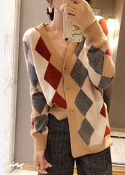 Fashion Khaki V Neck Asymmetrical Plaid Knit Cardigan Winter