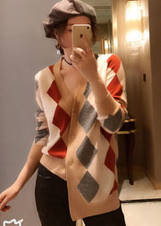 Fashion Khaki V Neck Asymmetrical Plaid Knit Cardigan Winter