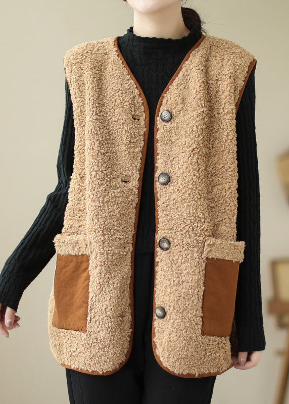 Fashion Khaki V Neck Patchwork Pockets Teddy Faux Fur Vest Tops Winter