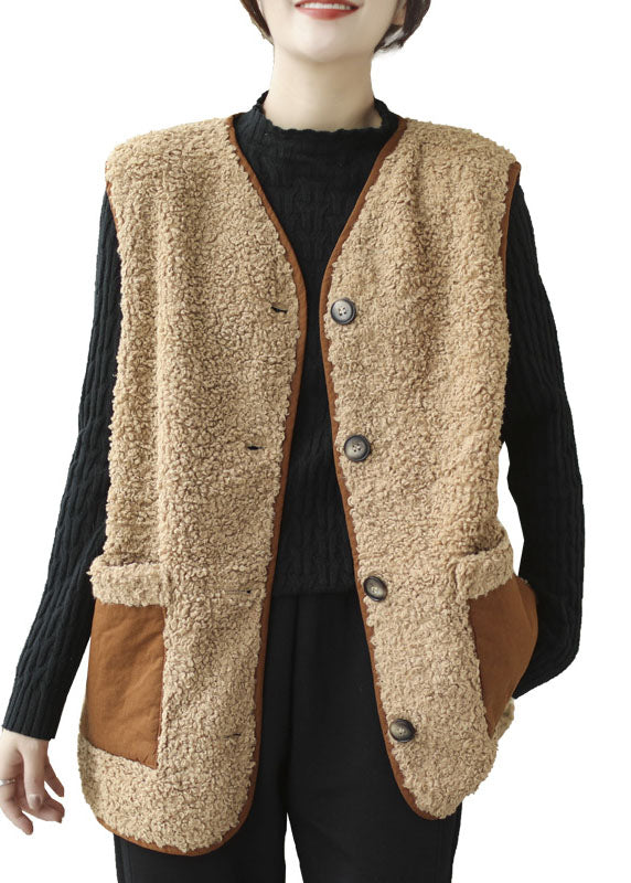 Fashion Khaki V Neck Patchwork Pockets Teddy Faux Fur Vest Tops Winter