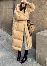 Fashion Khaki Zippered Pockets Hooded Duck Down Puffer Coat Winter